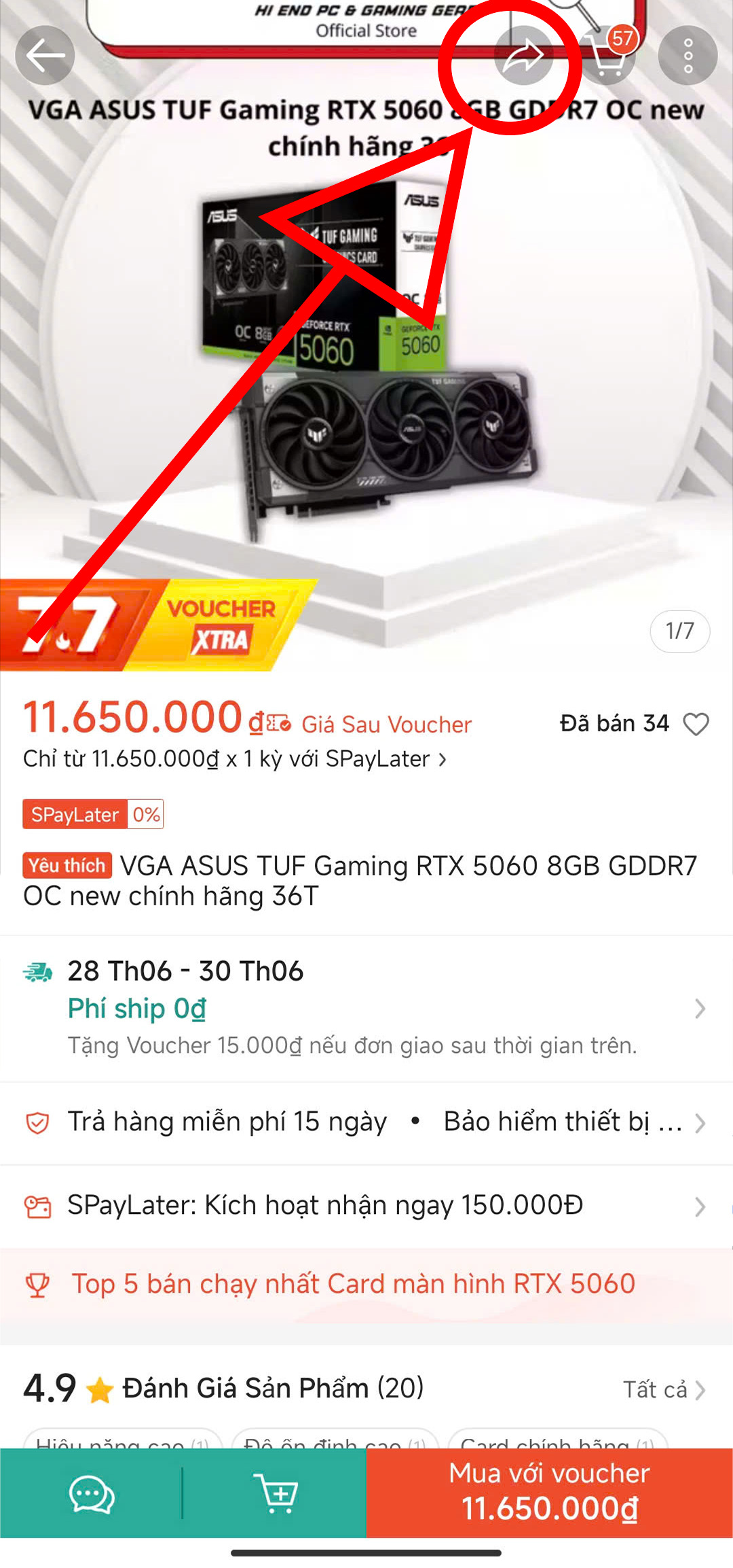 Bấm nút chia sẻ Shopee